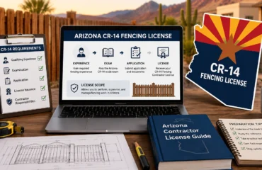 Arizona CR-14 fencing license requirements showing experience, exams, application steps, license scope, and contractor preparation