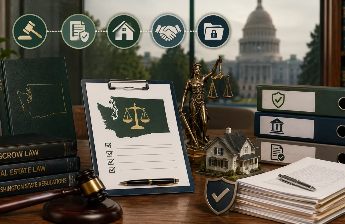Washington escrow laws and rules compliance guide featuring escrow law books, Washington state regulations, legal documents, a gavel, and real estate compliance materials.