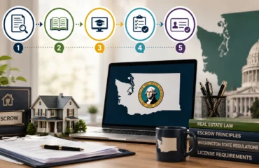 Washington escrow license requirements guide featuring escrow documents, real estate law materials, Washington state licensing information, and a step-by-step application process.