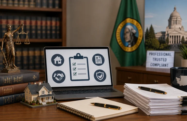 Washington Escrow Officer Exam study guide featuring escrow documents, real estate materials, legal resources, and Washington state exam preparation.