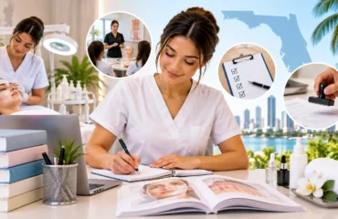 Florida esthetician license requirements showing esthetics education, hands-on skincare training, application steps, and licensing preparation.