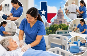 Texas Nurse Aide Skills Test showing clinical skills, patient care, handwashing, vital signs, mobility assistance, and bed-making